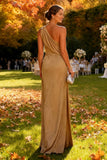 One Shoulder Khaki Sheath Long Wedding Guest Dress