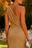 One Shoulder Khaki Sheath Long Wedding Guest Dress