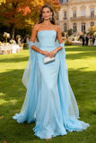 Strapless Sky Blue Mermaid Long Wedding Guest Dress With Streamer
