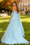 Strapless Sky Blue Mermaid Long Wedding Guest Dress With Streamer