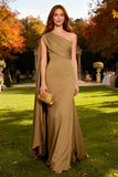 Khaki Mermaid One Shoulder Long Wedding Guest Dress With Sash
