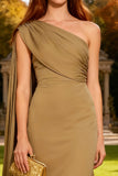 Khaki Mermaid One Shoulder Long Wedding Guest Dress With Sash