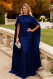 Navy Mermaid Long Wedding Guest Dress With Cape