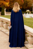 Navy Mermaid Long Wedding Guest Dress With Cape