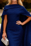 Navy Mermaid Long Wedding Guest Dress With Cape