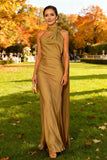 Halter Mermaid Khaki Long Wedding Guest Dress With Sash