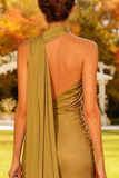 Halter Mermaid Khaki Long Wedding Guest Dress With Sash