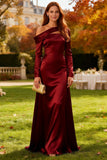 Burgundy Satin A Line One Shoulder Long Sleeve Wedding Guest Dress