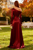 Burgundy Satin A Line One Shoulder Long Sleeve Wedding Guest Dress
