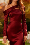 Burgundy Satin A Line One Shoulder Long Sleeve Wedding Guest Dress