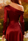 Burgundy Satin A Line One Shoulder Long Sleeve Wedding Guest Dress