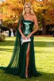 Dark Green Sequin Tulle Mermaid One Shoulder Long Wedding Guest Dress With Slit