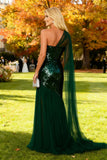 Dark Green Sequin Tulle Mermaid One Shoulder Long Wedding Guest Dress With Slit