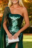 Dark Green Sequin Tulle Mermaid One Shoulder Long Wedding Guest Dress With Slit