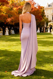 One Shoulder Light Purple Mermaid Long Wedding Guest Dress With Cape