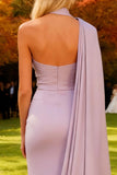 One Shoulder Light Purple Mermaid Long Wedding Guest Dress With Cape
