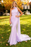 Mermaid Light Purple One Shoulder Long Wedding Guest Dress With Sash