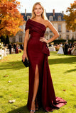 Burgundy One Shoulder Sheath Long Wedding Guest Dress With Slit