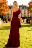 Burgundy One Shoulder Sheath Long Wedding Guest Dress With Slit