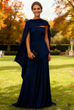 Navy Strapless A Line Long Wedding Guest Dress With Cape