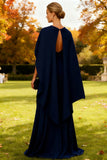 Navy Strapless A Line Long Wedding Guest Dress With Cape
