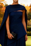 Navy Strapless A Line Long Wedding Guest Dress With Cape