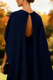 Navy Strapless A Line Long Wedding Guest Dress With Cape