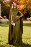 Olive Satin Sheath High Neck Long Wedding Guest Dress With Cape