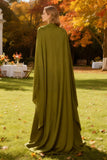 Olive Satin Sheath High Neck Long Wedding Guest Dress With Cape