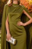 Olive Satin Sheath High Neck Long Wedding Guest Dress With Cape