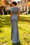 Grey Blue Sheath Long Wedding Guest Dress With Slit
