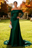 Elegant Dark Green Off the Shoulder Mermaid Evening Dress with Long Sleeves