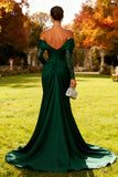 Elegant Dark Green Off the Shoulder Mermaid Evening Dress with Long Sleeves