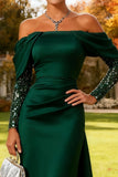 Elegant Dark Green Off the Shoulder Mermaid Evening Dress with Long Sleeves
