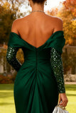 Elegant Dark Green Off the Shoulder Mermaid Evening Dress with Long Sleeves