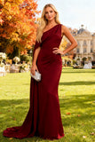 Burgundy Mermaid One Shoulder Long Wedding Guest Dress