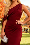 Burgundy Mermaid One Shoulder Long Wedding Guest Dress