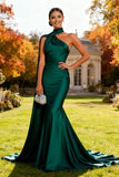 Dark Green Mermaid Satin One Shoulder Long Wedding Guest Dress With Ribbon