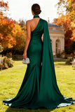 Dark Green Mermaid Satin One Shoulder Long Wedding Guest Dress With Ribbon