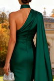 Dark Green Mermaid Satin One Shoulder Long Wedding Guest Dress With Ribbon