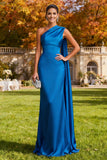 Satin Royal Blue Mermaid One Shoulder Long Wedding Guest Dress With Sash
