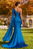 Satin Royal Blue Mermaid One Shoulder Long Wedding Guest Dress With Sash