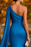 Satin Royal Blue Mermaid One Shoulder Long Wedding Guest Dress With Sash