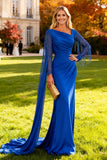 Royal Blue Mermaid Asymmetrical Fringed Long Wedding Guest Dress With Cape