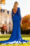 Royal Blue Mermaid Asymmetrical Fringed Long Wedding Guest Dress With Cape