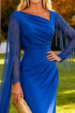 Royal Blue Mermaid Asymmetrical Fringed Long Wedding Guest Dress With Cape