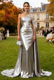 One Shoulder Mermaid Silver 3D Flower Long Evening Dress With Drape