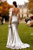 One Shoulder Mermaid Silver 3D Flower Long Evening Dress With Drape