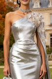 One Shoulder Mermaid Silver 3D Flower Long Evening Dress With Drape