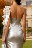 One Shoulder Mermaid Silver 3D Flower Long Evening Dress With Drape